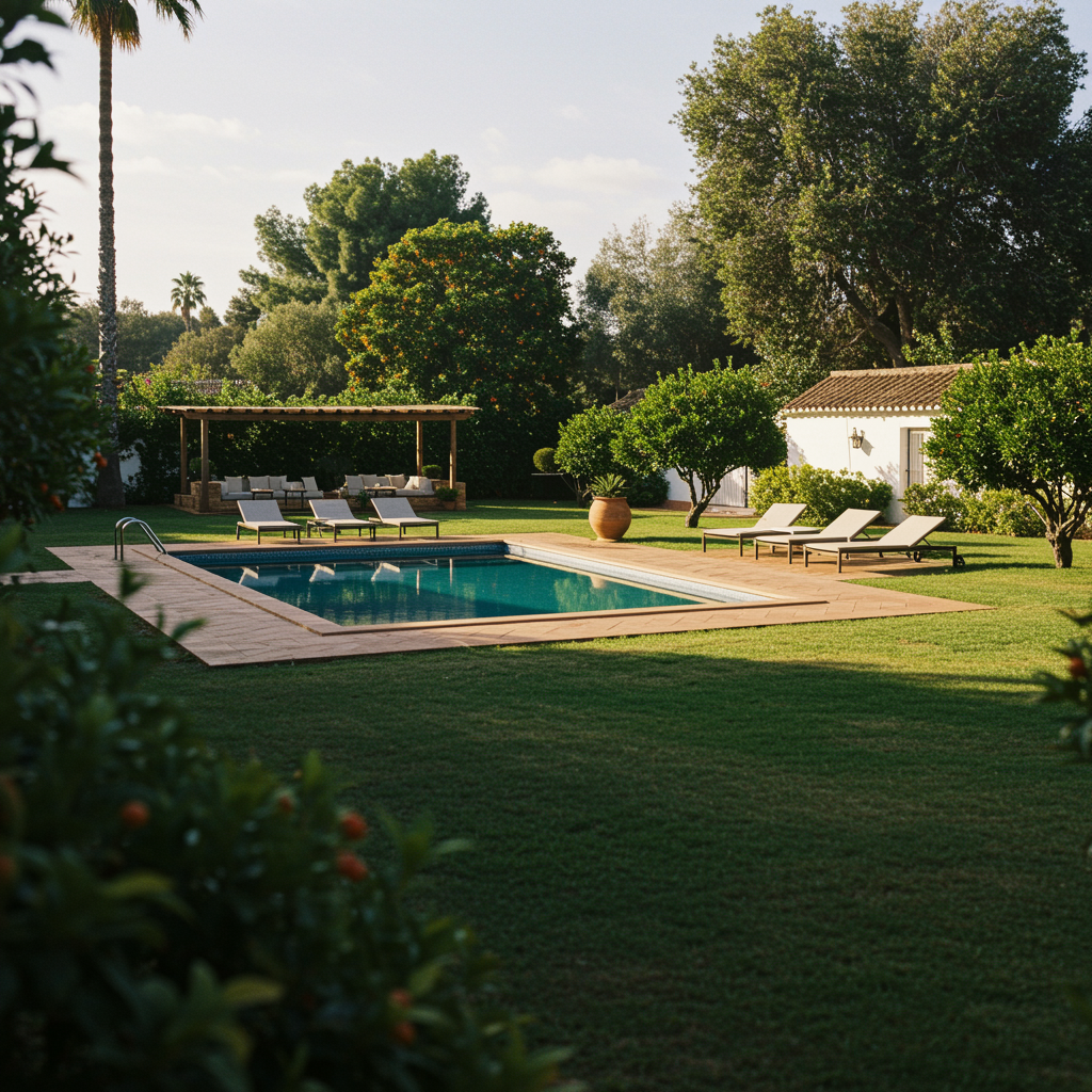 A serene outdoor scene showcasing the luxury and natural beauty of rural Sevilla. The image should feature a pristine pool area seamlessly integrated with lush landscaped gardens and hints of an orange grove in the background, bathed in gentle, golden sunlight. Emphasize a harmonious blend of modern comforts and traditional elegance, highlighting the unique charm of a high-end countryside retreat.