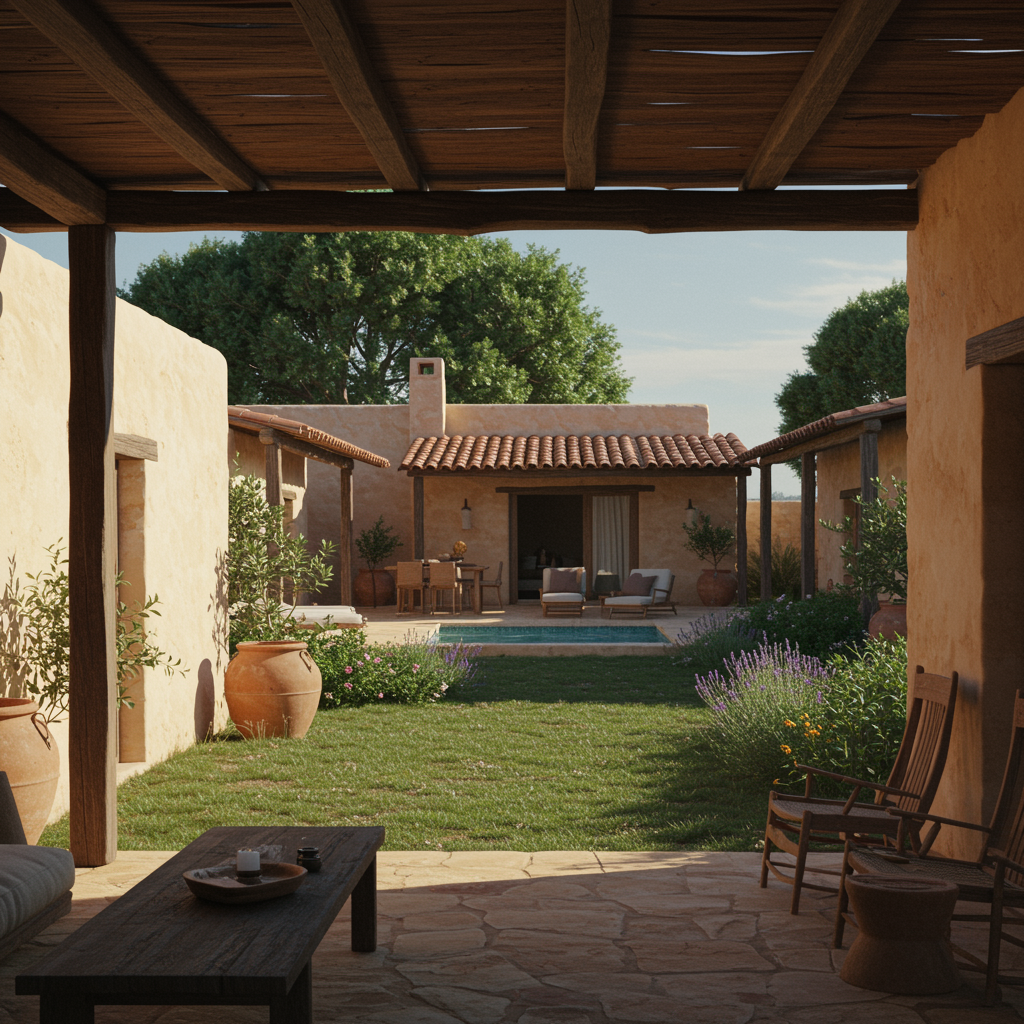 A scenic, artistic portrayal of a high-end rural retreat demonstrating an integrated experience. The image blends rustic elegance with modern sophistication by featuring an open, sunlit courtyard, lush landscaped gardens, and a hint of a luxurious pool setting. The ambiance is warm and inviting, emphasizing natural textures and tranquil Mediterranean light.