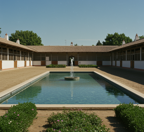 A refined image capturing an upscale equestrian facility with a shimmering, elegant pool at its center. The scene includes well-designed stables or riding areas complemented by sparkling water and lush landscaping, all set in a spacious, sun-drenched countryside. The composition reflects a luxurious lifestyle that seamlessly blends active recreation with serene relaxation near Seville.