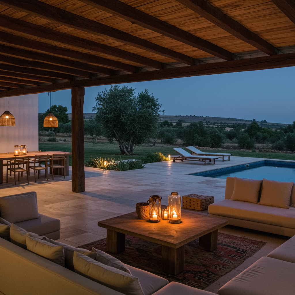 A detailed prompt for image id 647: "Generate a captivating image of a refined outdoor oasis at a rural luxury retreat. The composition should include expansive, inviting outdoor living spaces with elegant landscaping, ambient lighting, and tasteful modern touches that blend with rustic charm. Capture the essence of exclusivity and relaxation at ICON DESARROLLOS Y PROOYECTOS with scenic views, a serene pool area visible in the background, and an overall atmosphere that invites viewers to indulge in a luxurious getaway in Cantillana, Sevilla."