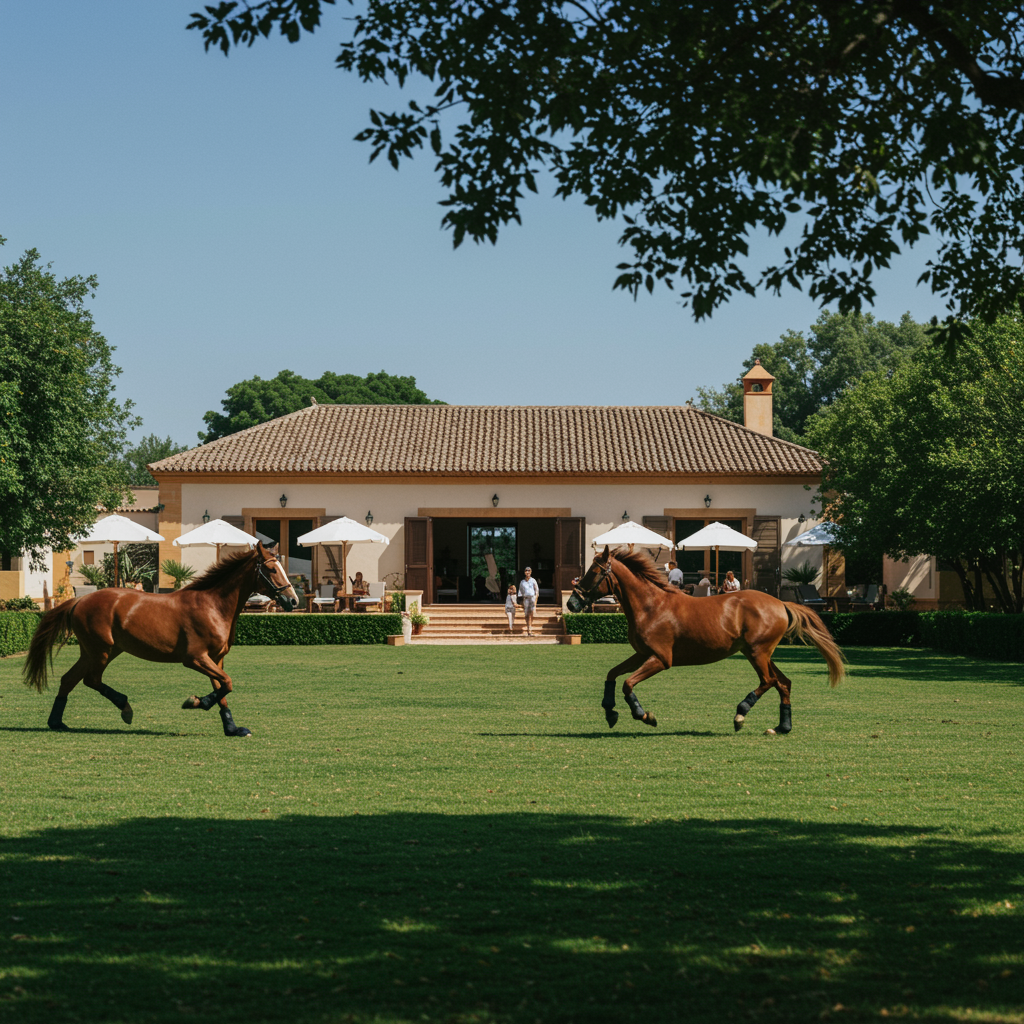 A detailed, vibrant image capturing an exclusive equestrian experience at a luxury rural estate. The scene shows graceful horses in mid-stride across manicured, verdant grounds, with a modern yet rustic building in the background that exudes sophistication. Subtle design elements emphasize serene relaxation areas intermingled with natural beauty, all bathed in soft, natural light to highlight the perfect harmony between tradition and contemporary comfort near Seville.