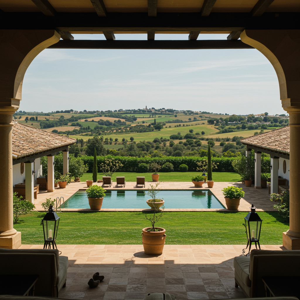 An evocative image illustrating the luxury of open countryside living. The visual features expansive, tastefully designed outdoor spaces with rolling green hills, manicured gardens, and rustic yet refined elements. This scene radiates tranquility and exclusive elegance, encouraging viewers to experience the lavish charm of rural life near Seville.