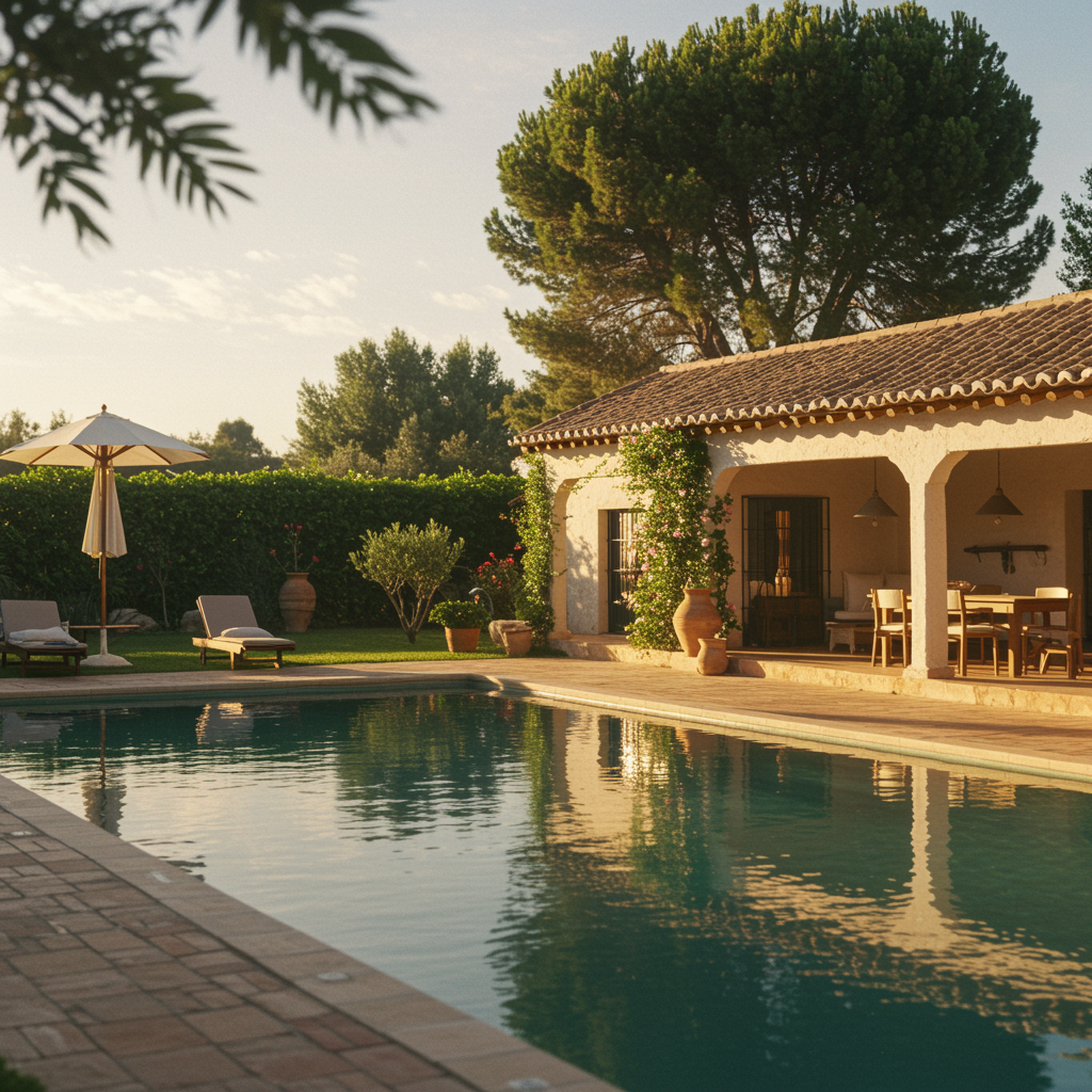 A detailed prompt for image id 643: "Create an ultra-realistic image of an exclusive rural luxury retreat featuring a sparkling pool as the centerpiece. The scene should showcase a pristine, crystal-clear pool reflecting warm golden sunlight, surrounded by meticulously manicured gardens with Mediterranean greenery and subtle rustic architecture typical of Cantillana, Sevilla. Emphasize an atmosphere of tranquility, elegance, and high-end design with soft shadows and gentle tones, evoking a serene oasis of luxury."