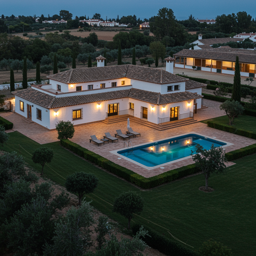 Luxurious rural villa in Cantillana, Sevilla at dusk, showcasing a refined blend of traditional Spanish architecture and modern design, surrounded by lush, manicured gardens, a sparkling pool, and glimpses of modern equestrian facilities. Emphasize a serene atmosphere with soft, warm lighting that highlights the charm and exclusivity of a high-end countryside retreat.
