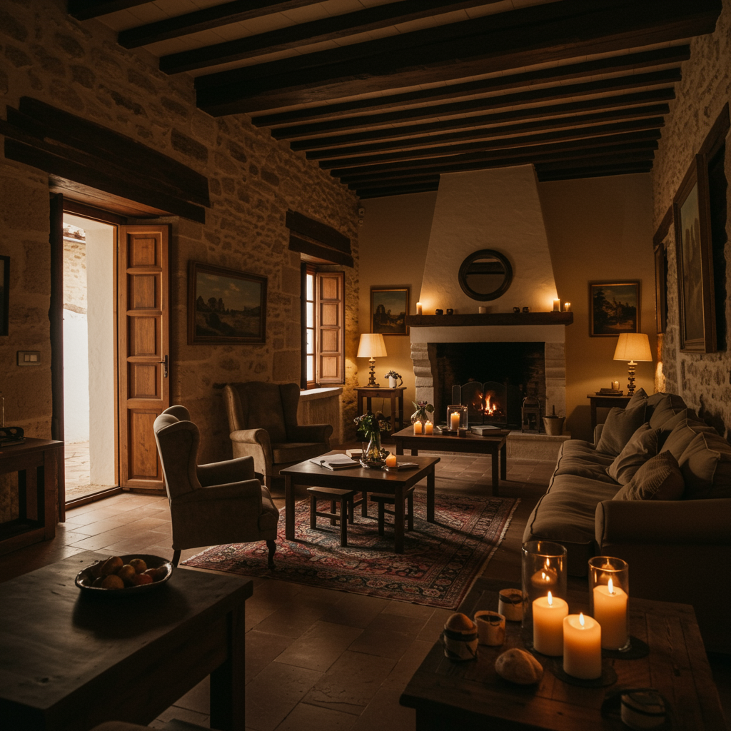 A highly detailed, cozy interior view of a luxury rural lodging in Cantillana, Sevilla. The image should capture an elegant fusion of traditional Spanish architecture with modern comforts: exposed stone and wooden beams, soft ambient lighting, tasteful rustic decor, and warm earthy tones that evoke authenticity and exclusivity. The setting reflects timeless charm and refined design, inviting guests into a unique, unforgettable experience.