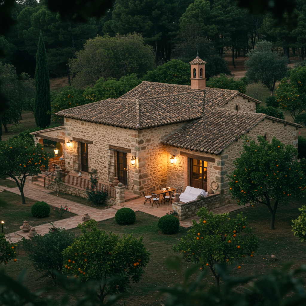 A captivating image of a charming Spanish rural lodge in Cantillana near Seville. The building showcases traditional stonework and terracotta roofing, surrounded by manicured gardens with orange trees and vibrant greenery. The atmosphere combines rustic charm with upscale comfort, evoking a sense of exclusive countryside living.