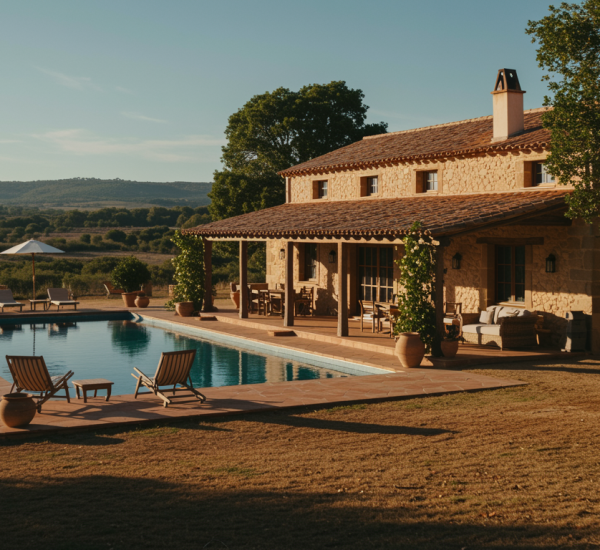 A breathtaking image of luxury countryside accommodation that combines rustic charm with modern amenities. The scene features a stunning rural villa or manor with expansive verandas, elegant outdoor details, and a natural landscape in the background. Sunlit and inviting, the image conveys comfort, sophistication, and an exclusive sense of escape in a Spanish setting.